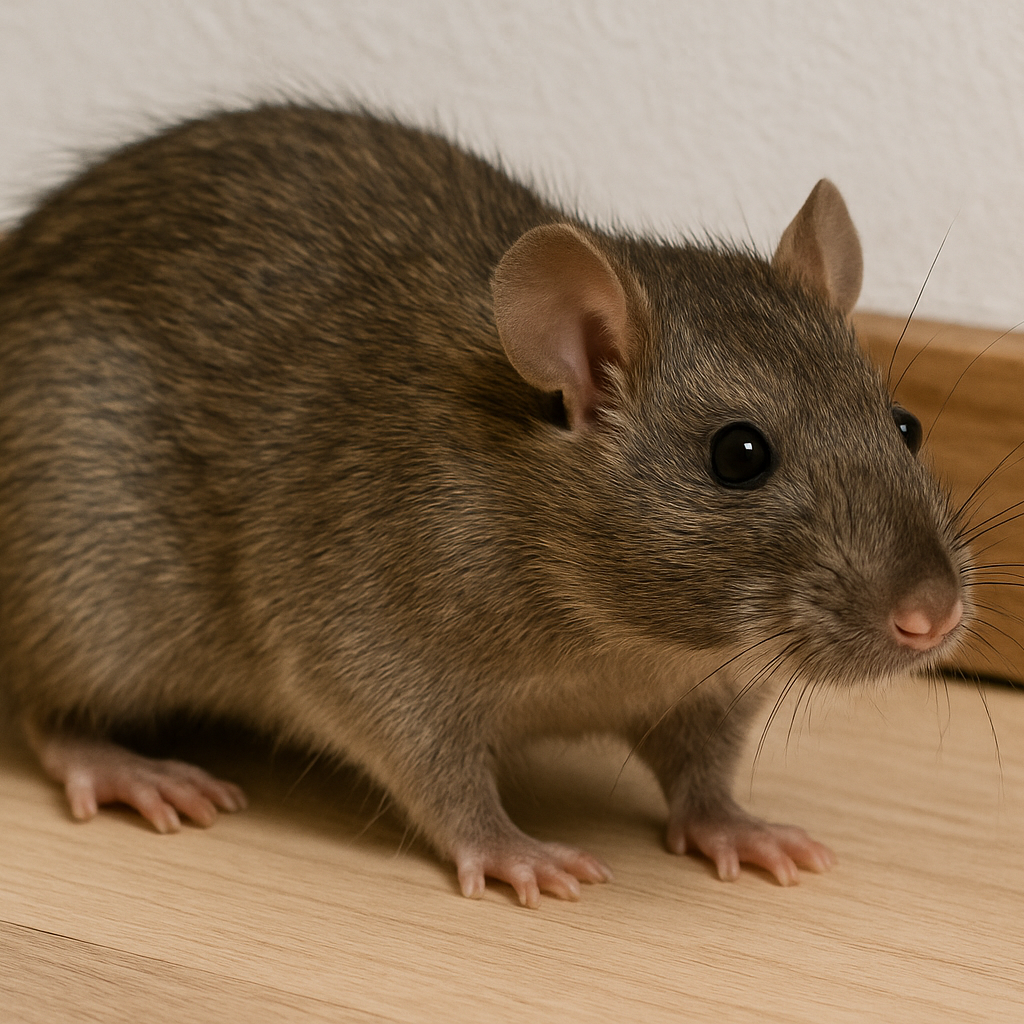 Een bruine rat met grote, zwarte ogen.